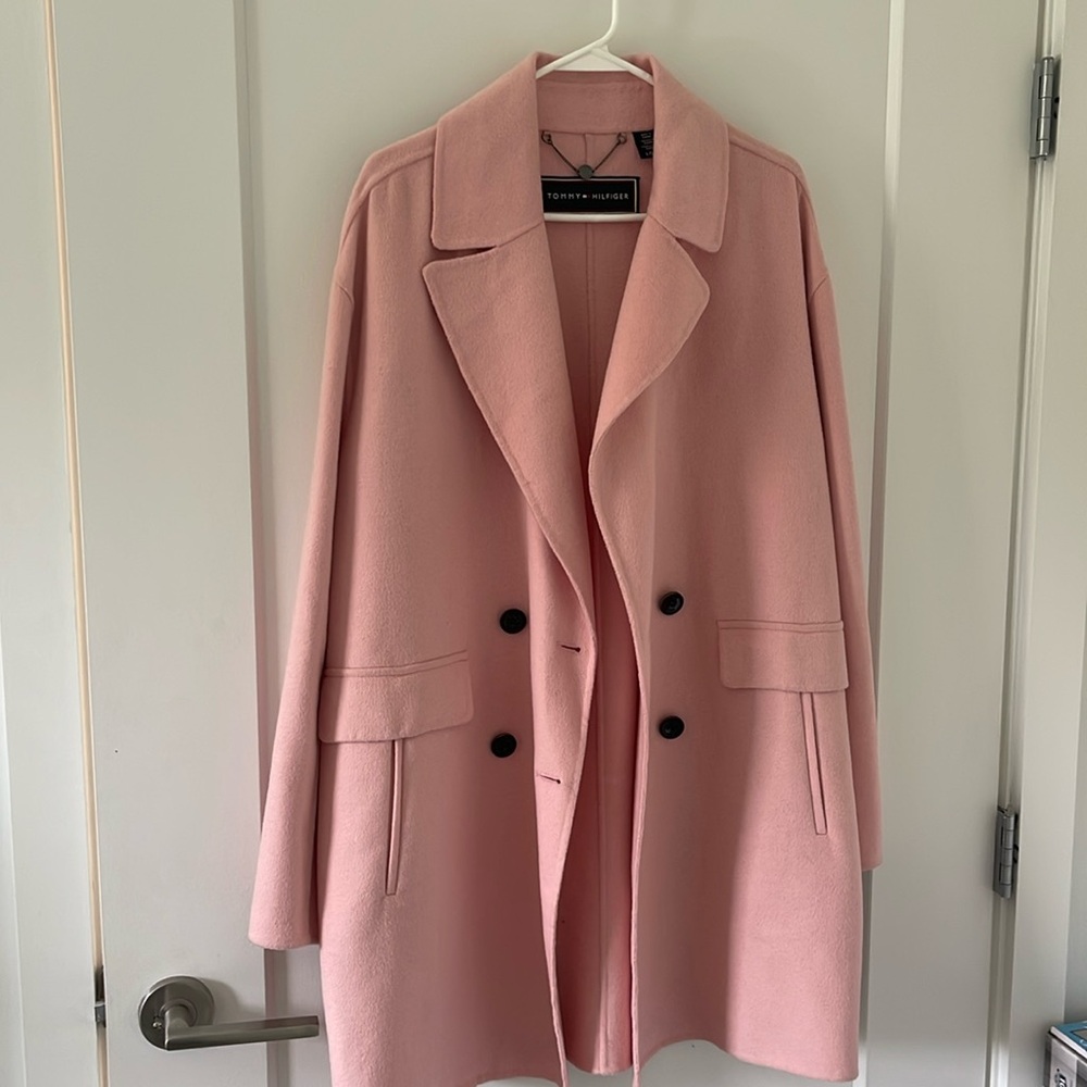 Still available! New with tags Tommy Hilfiger pink pea coat! Size: large